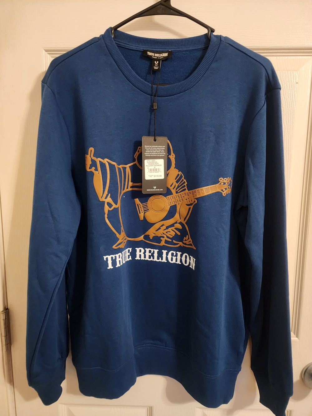 True Religion Blue Crewneck with Gold Guitar Logo
